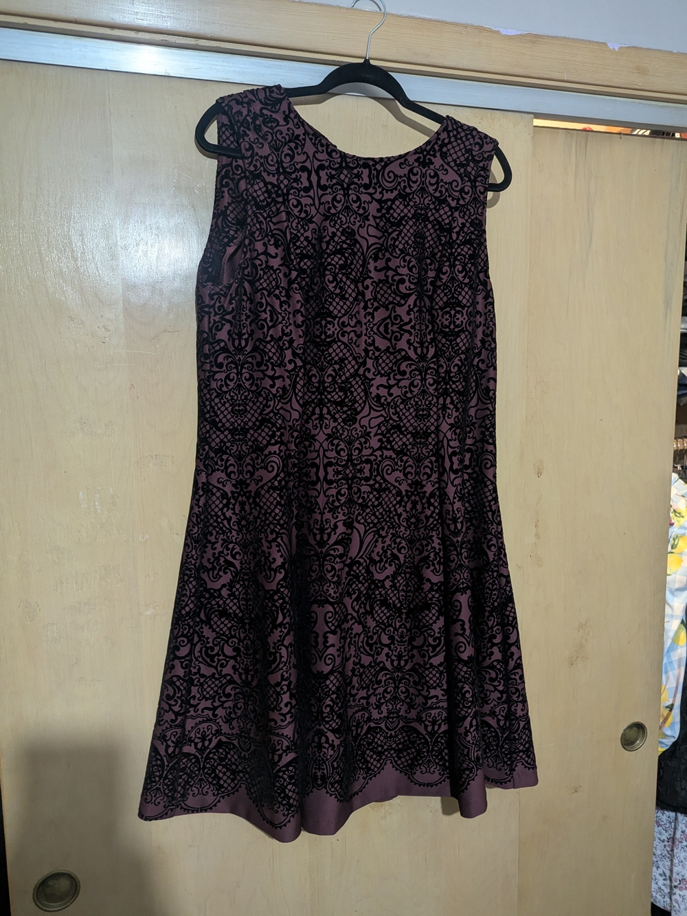 ECI Purple Sleeveless A-Line Midi Dress with Black Lace Motif